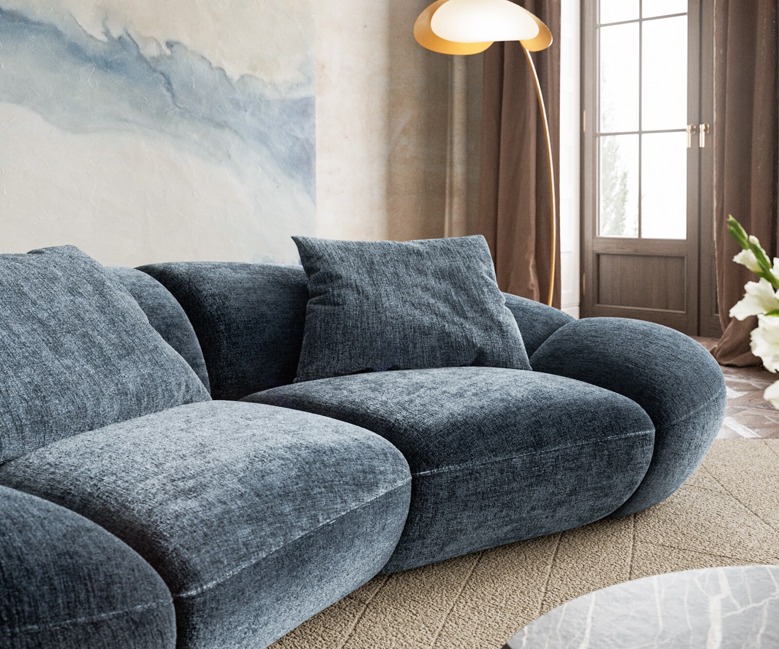 2-zitsbank Lunna 280x170 cm Chenille Blauw 2 kussens 3