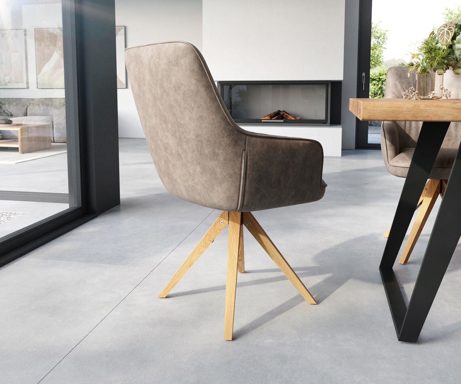 Eetkamerstoel Zelia-Flex met armleuning microvelours taupe vintage houten frame hoekig natuur pocketveer kern 4 Eetkamerstoel Zelia-Flex met armleuning microvelours taupe vintage houten frame hoekig natuur pocketveer kern 4