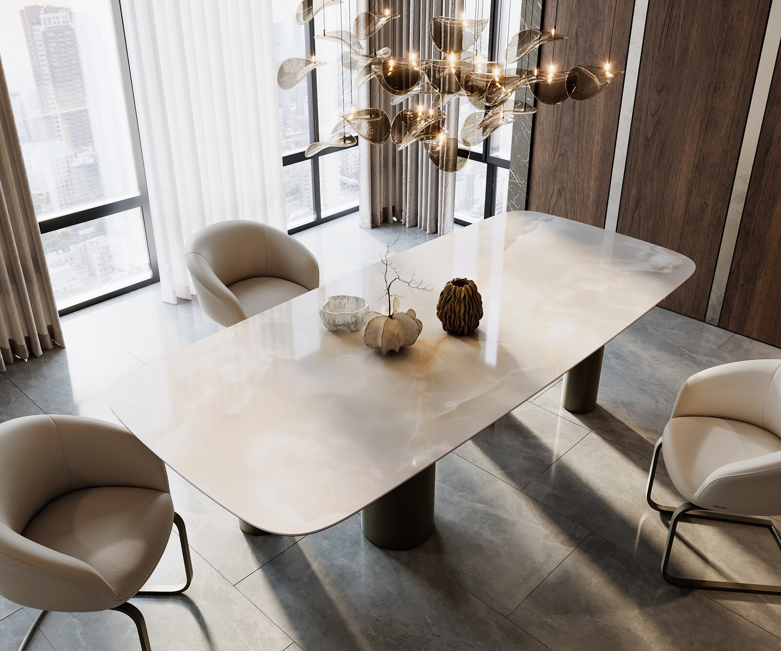 Eetkamertafel Edge Boot 270x120 keramiek Iris FMG Onice Grigio Pilier metaal effectafwerking titaan 2