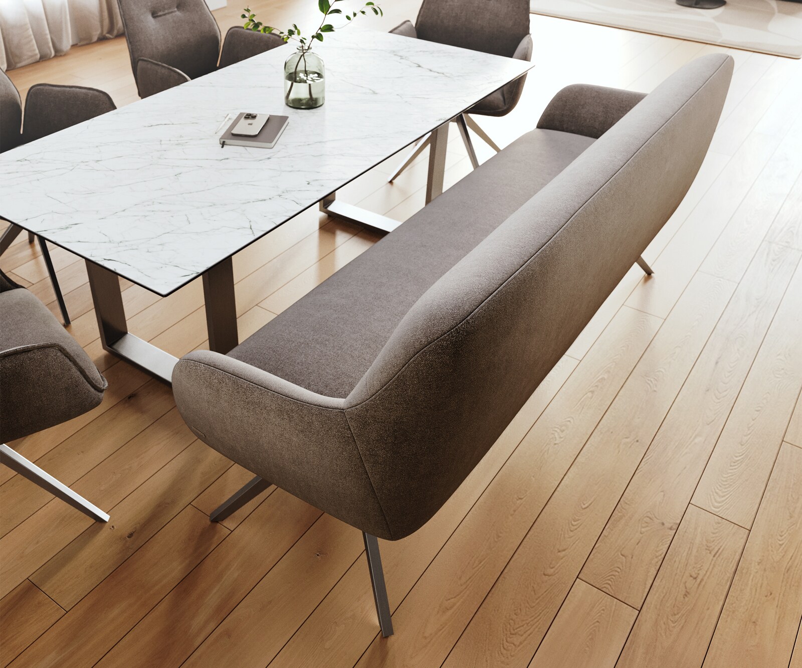 Eetkamerbank Taya-Flex 200 cm zachte stof met structuur taupe hoekig kruisframe zwart pocketvering 4