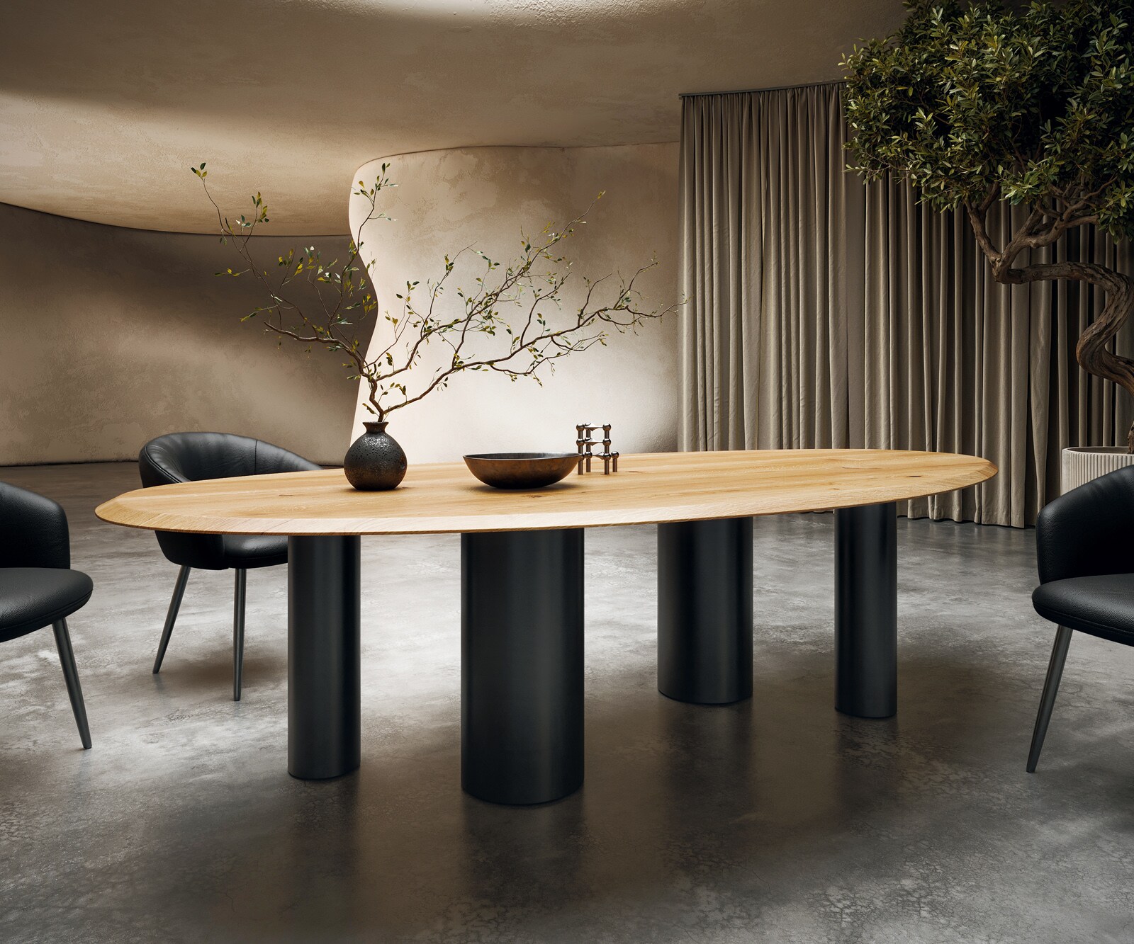 Eettafel Edge Oval 280x130x2,5 eiken natuur Pilier metaal zwart Flow-Edge 1