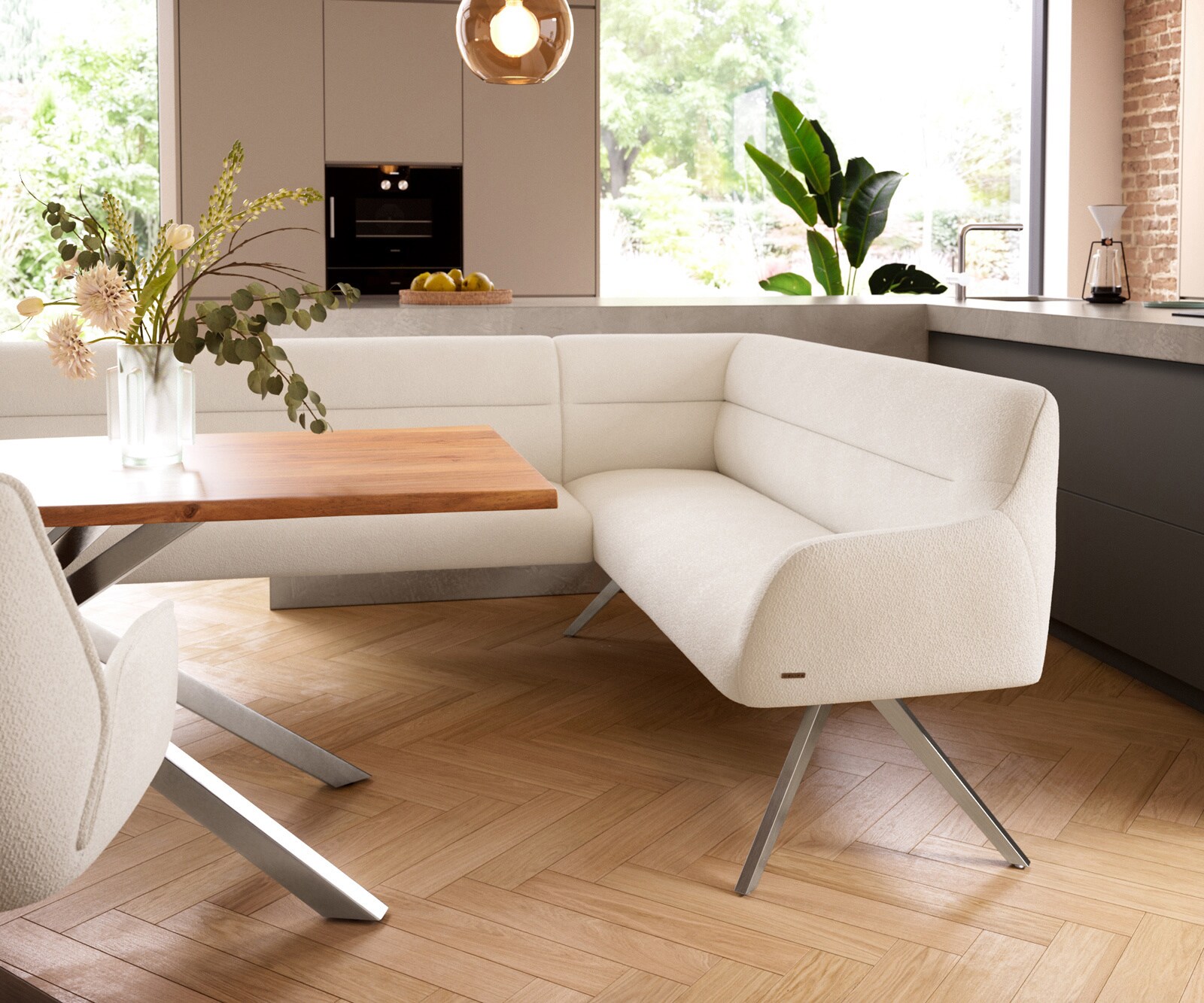 Eetkamerbank Taya-Flex 285x190 cm bouclé crème-wit hoekig kruisframe roestvrij staal pocketvering links 5