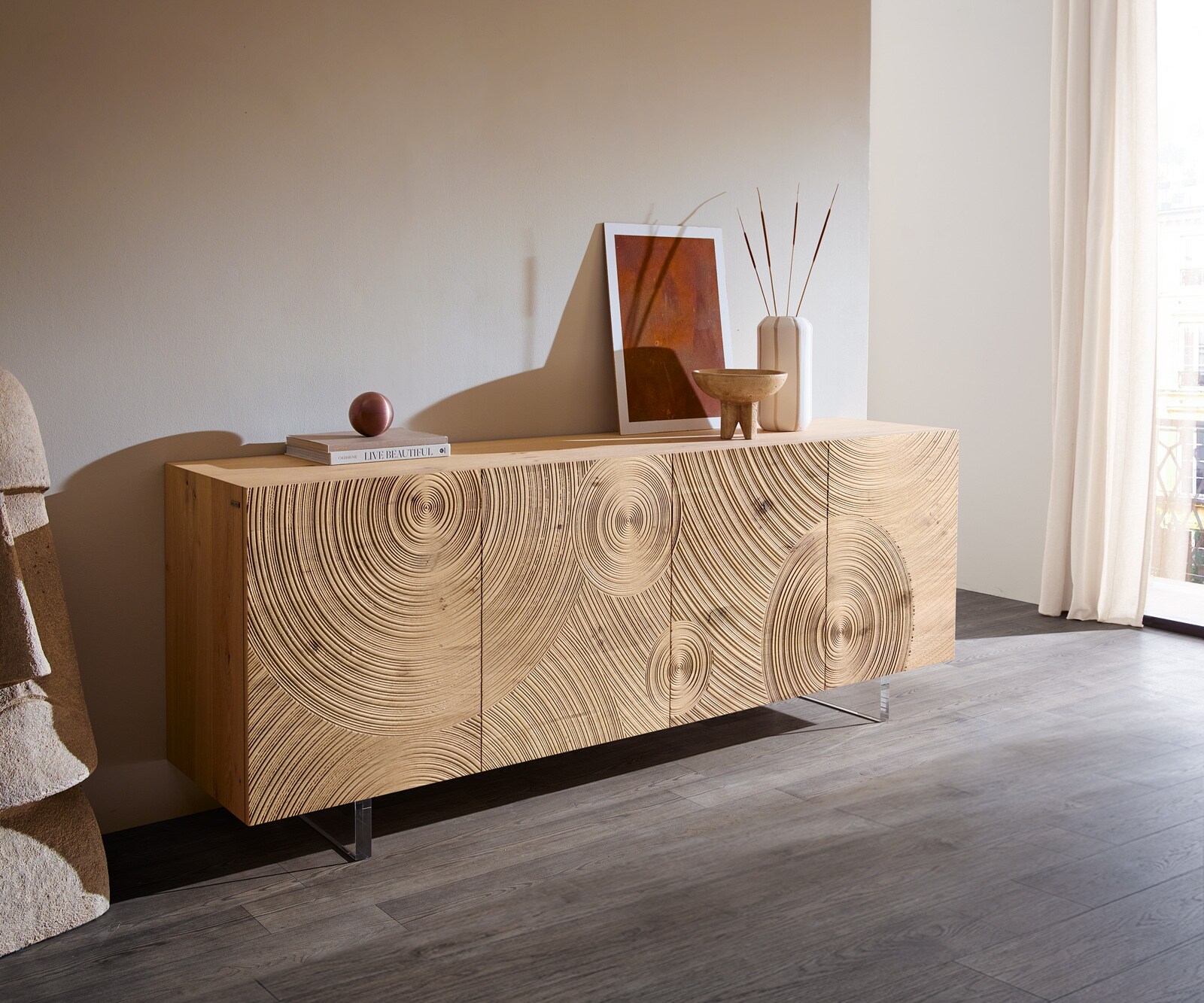 Dressoir Ashara 200 cm eiken natuur 3D-effect 4 deuren zwevende poot acrylglas 1