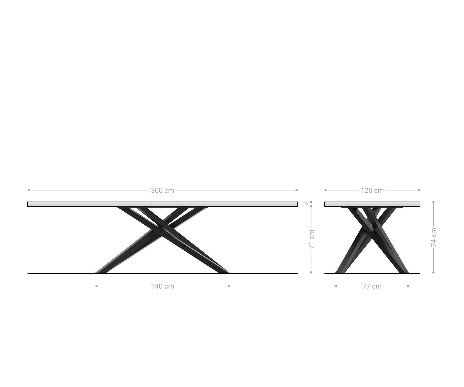 Eettafel Edge Boot 300x120x2,5-3 eiken natuur kruisframe rechthoek roestvrij staal  Schweizer Kante 7