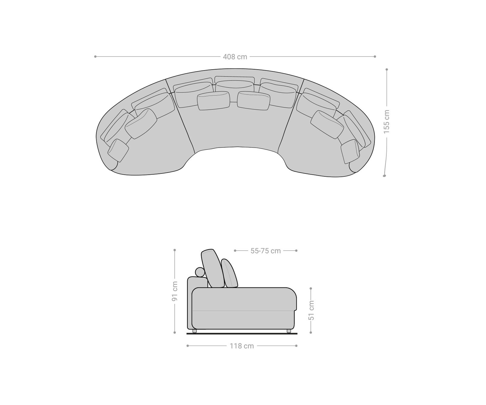 Mega-sofa Estrea 410x155 cm geweven stof taupe ronde bank 5