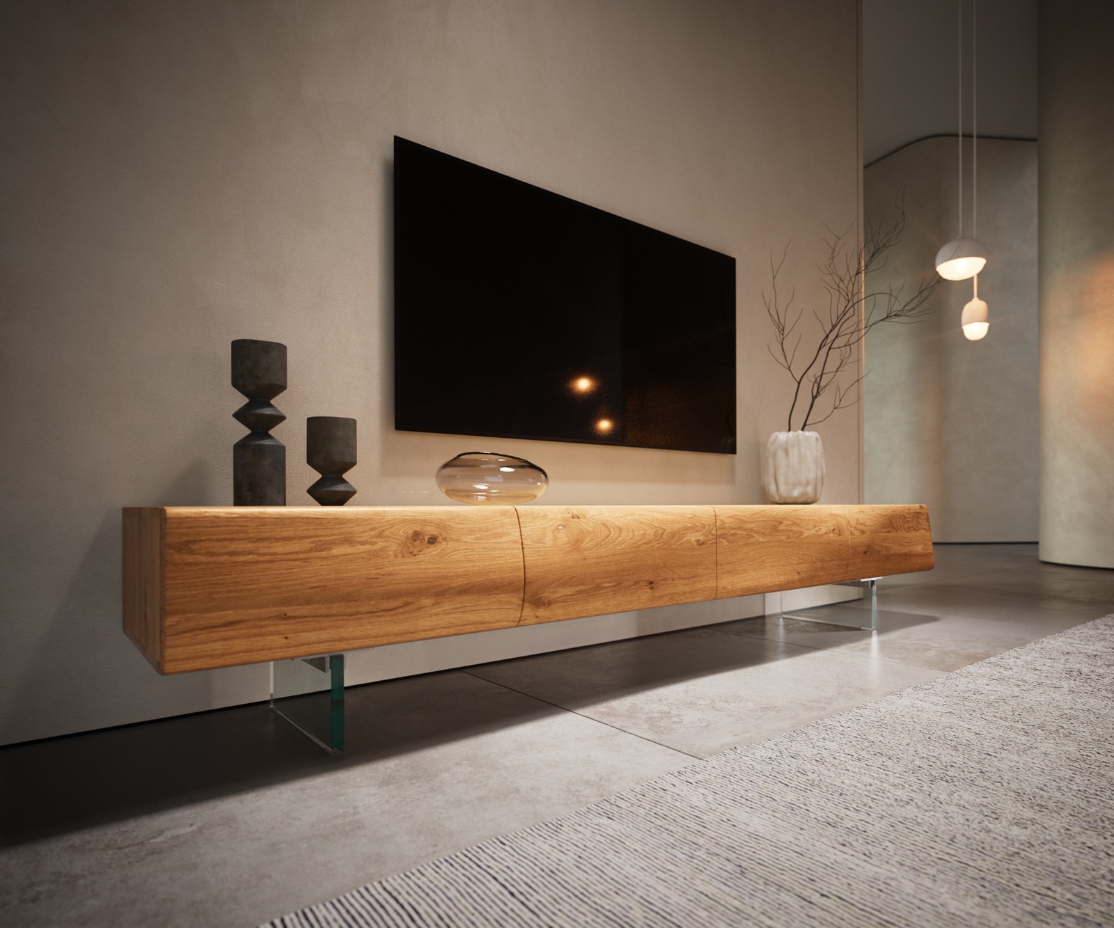 Tv-meubel New Live-Edge 200 cm eiken natuur 4 deuren glasplaat 5