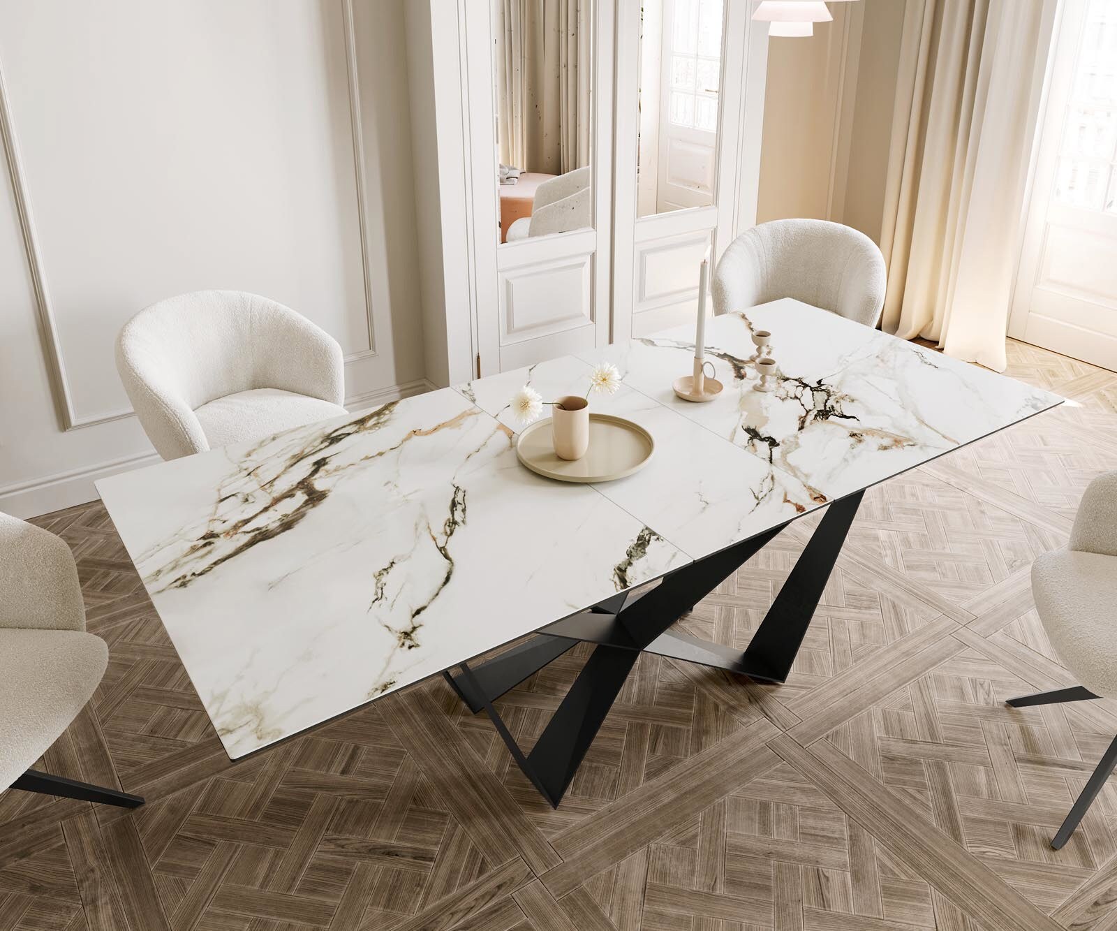 Eetkamertafel Edge 180-220x100 keramiek Calacatta Luxe wit-goud-grijs spider vlak staal zwart uitschuifbaar 4