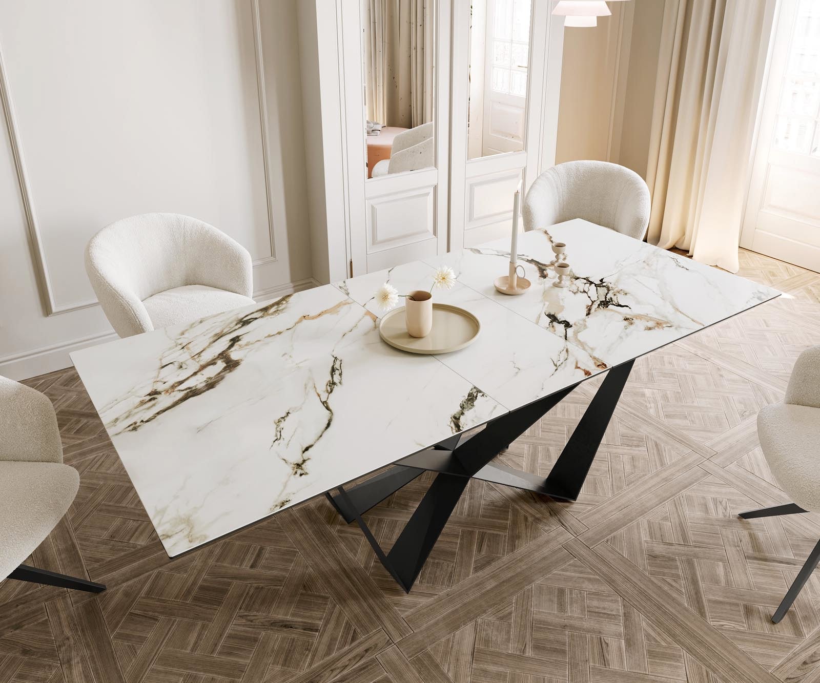 Eetkamertafel Edge 180-220x100 keramiek Calacatta Luxe wit-goud-grijs spider vlak staal zwart uitschuifbaar 4 Eetkamertafel Edge 180-220x100 keramiek Calacatta Luxe wit-goud-grijs spider vlak staal zwart uitschuifbaar 4