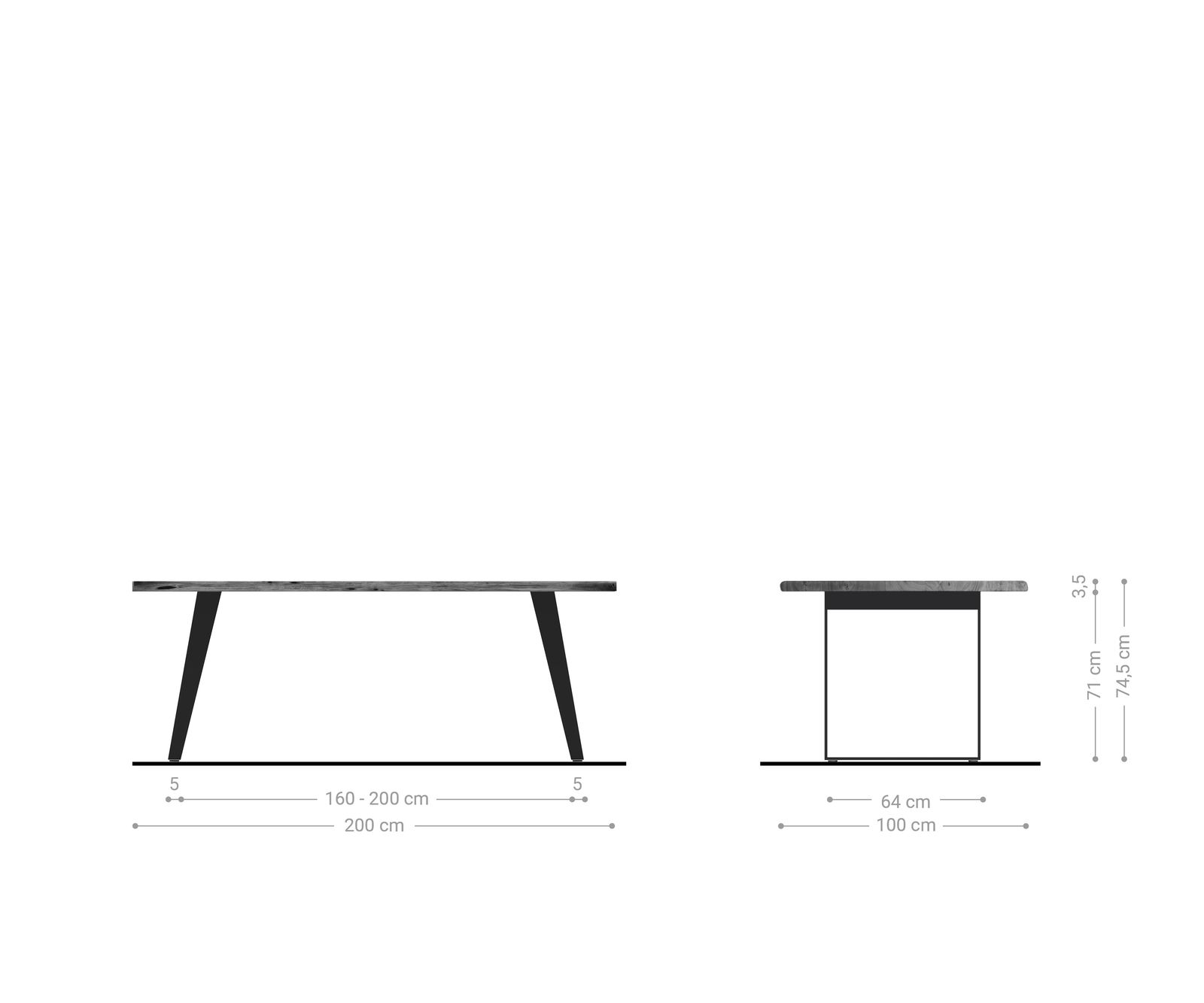Eettafel Edge 200x100cm acacia bruin roestvrijstaal zilver schuin Live-Edge 5