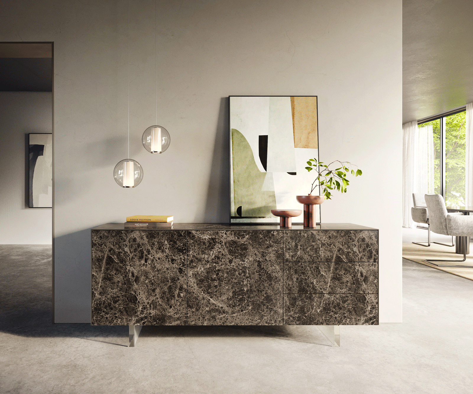 Dressoir Cuor 180 cm Keramiek Laminam® Emperador Extra Lucidato Donkerbruin 2 Deuren 3 Laden Zwevende voet look Acrylglas 1