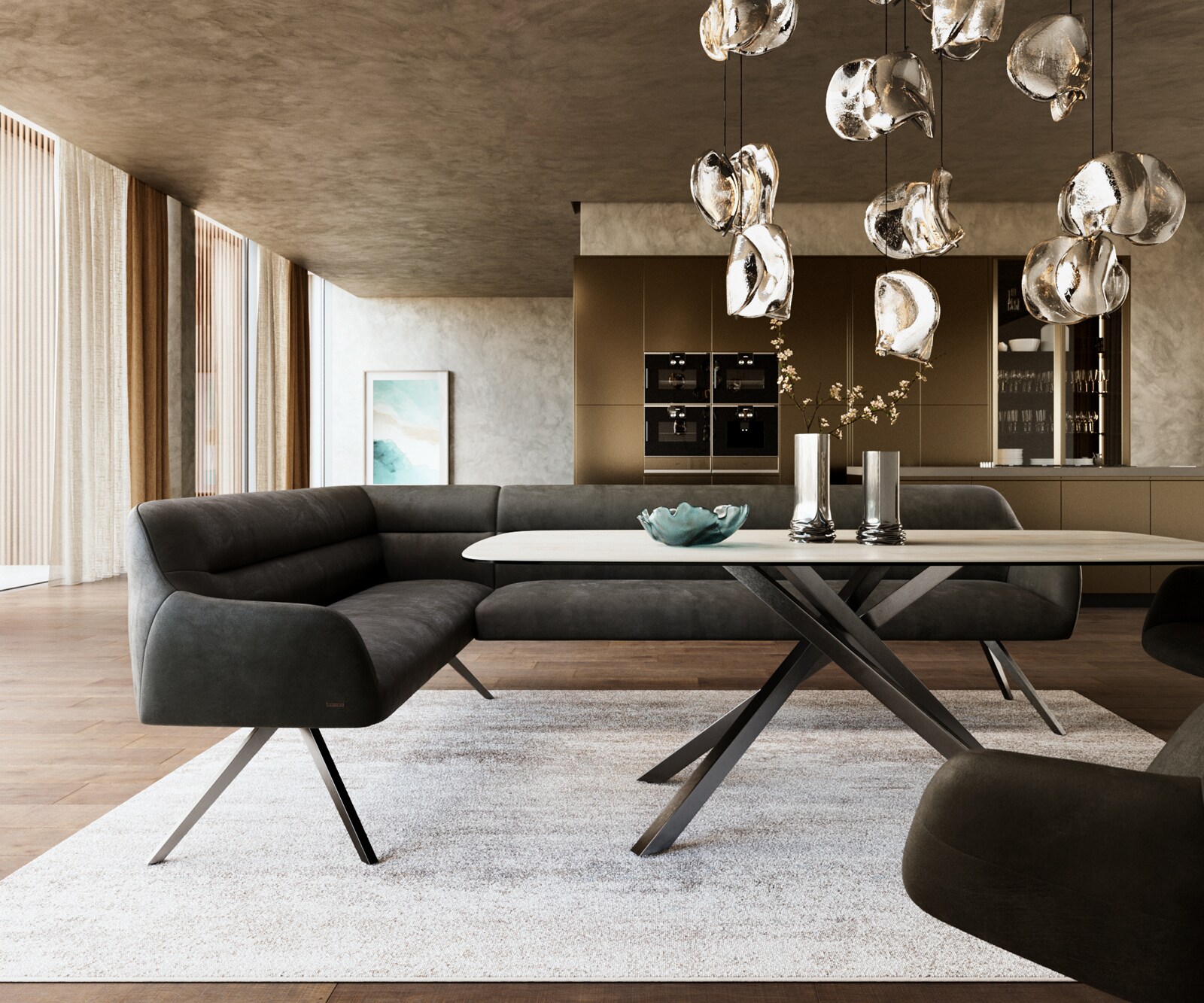 Eetkamerbank Taya-Flex 285x190 cm microvelours anthraciet vintage hoekig kruisframe grafiet pocketvering rechts 2