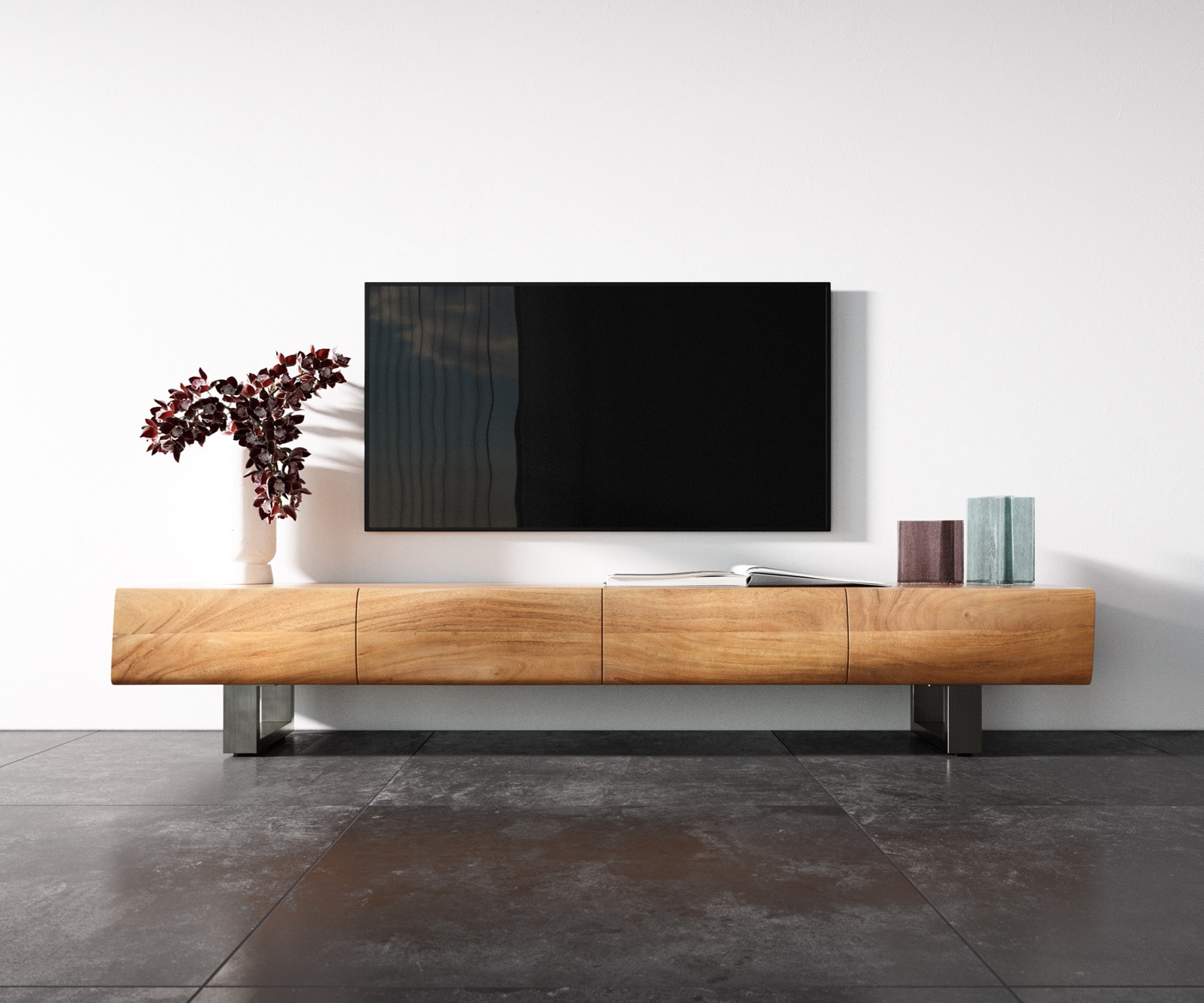 TV-meubel New Live-Edge 200 cm acacia natuur 4 deuren sledepoten RVS geborsteld 3