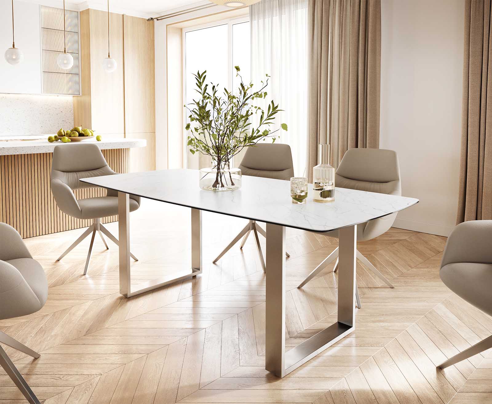 Eettafel Edge Bootsform 200x100 keramiek Laminam® Statuarietto wit roestvrij staal smal Eettafel Edge Bootsform 200x100 keramiek Laminam® Statuarietto wit roestvrij staal smal