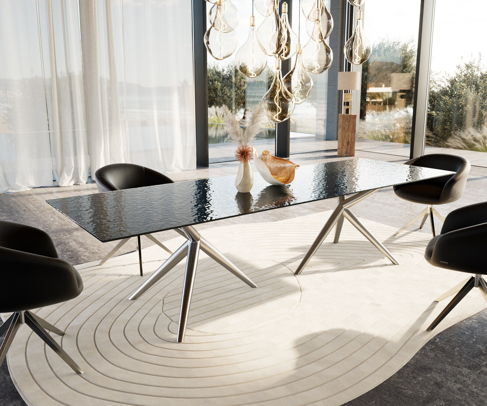 Eettafel Edge 300x100 Reliefglas zwart 3D-Design Estelar rond  roestvrij staal