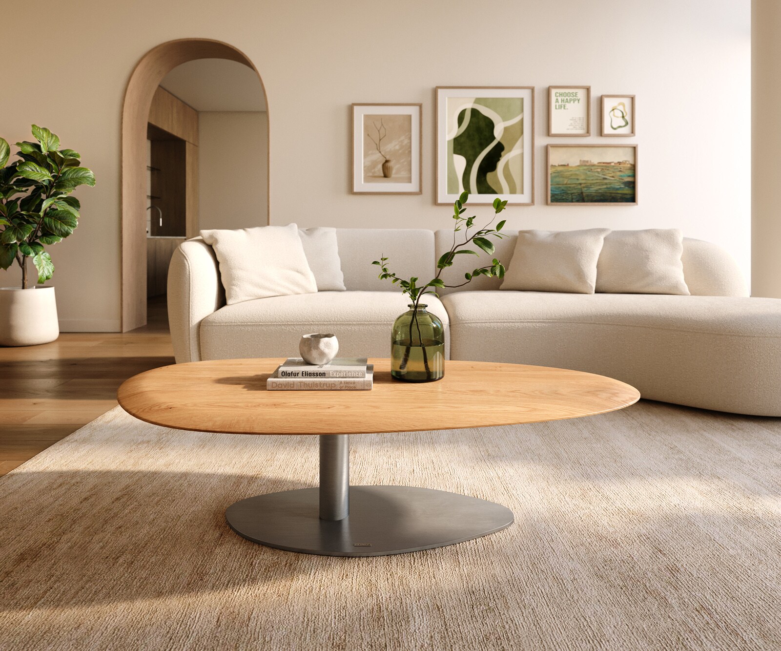 Salontafel Edge Oval 140x75 cm Eiken Naturel ronde rand Vibany geborsteld roestvrij staal 1