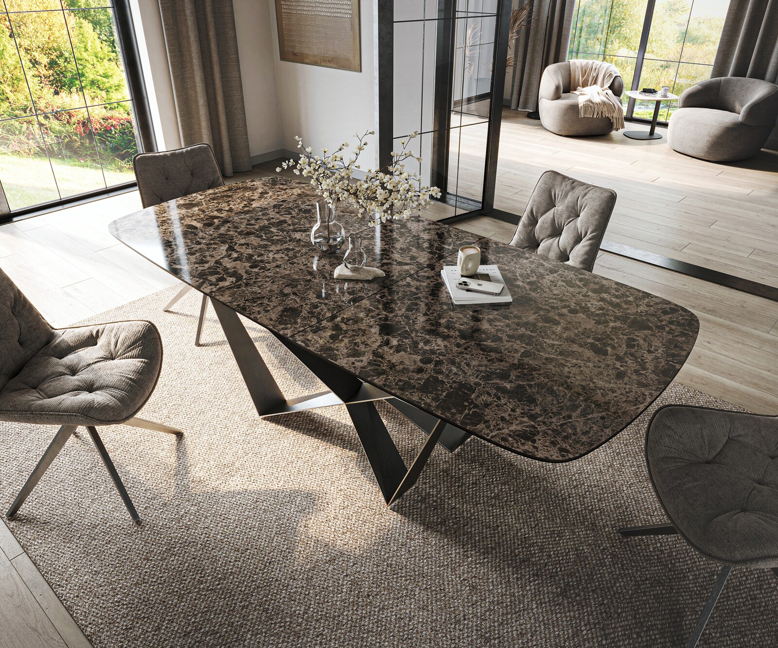 Eettafel Edge Boot 180-220x100 cm Keramiek Emperador Extra Lucidato Donkerbruin Spider Platstaal Roestvrij staal Grafiet uitschuifbaar 4