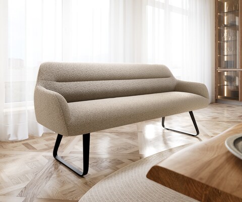 Eetkamerbank Taya-Flex 200 cm bouclé mud platte sledebasis zwart pocketvering