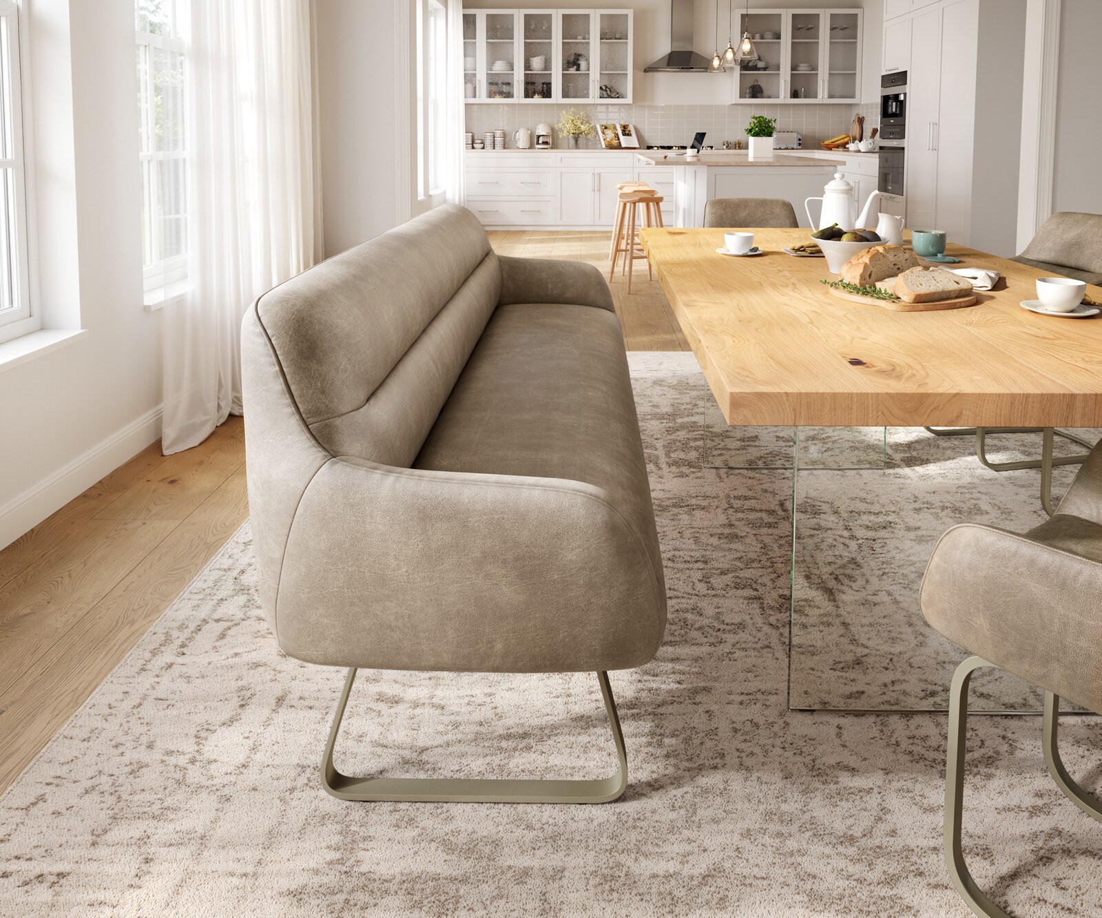 Eetkamerbank Taya-Flex 200 cm microvelours beige vintage platte sledebasis afwerking met titaniumeffect pocketvering 1