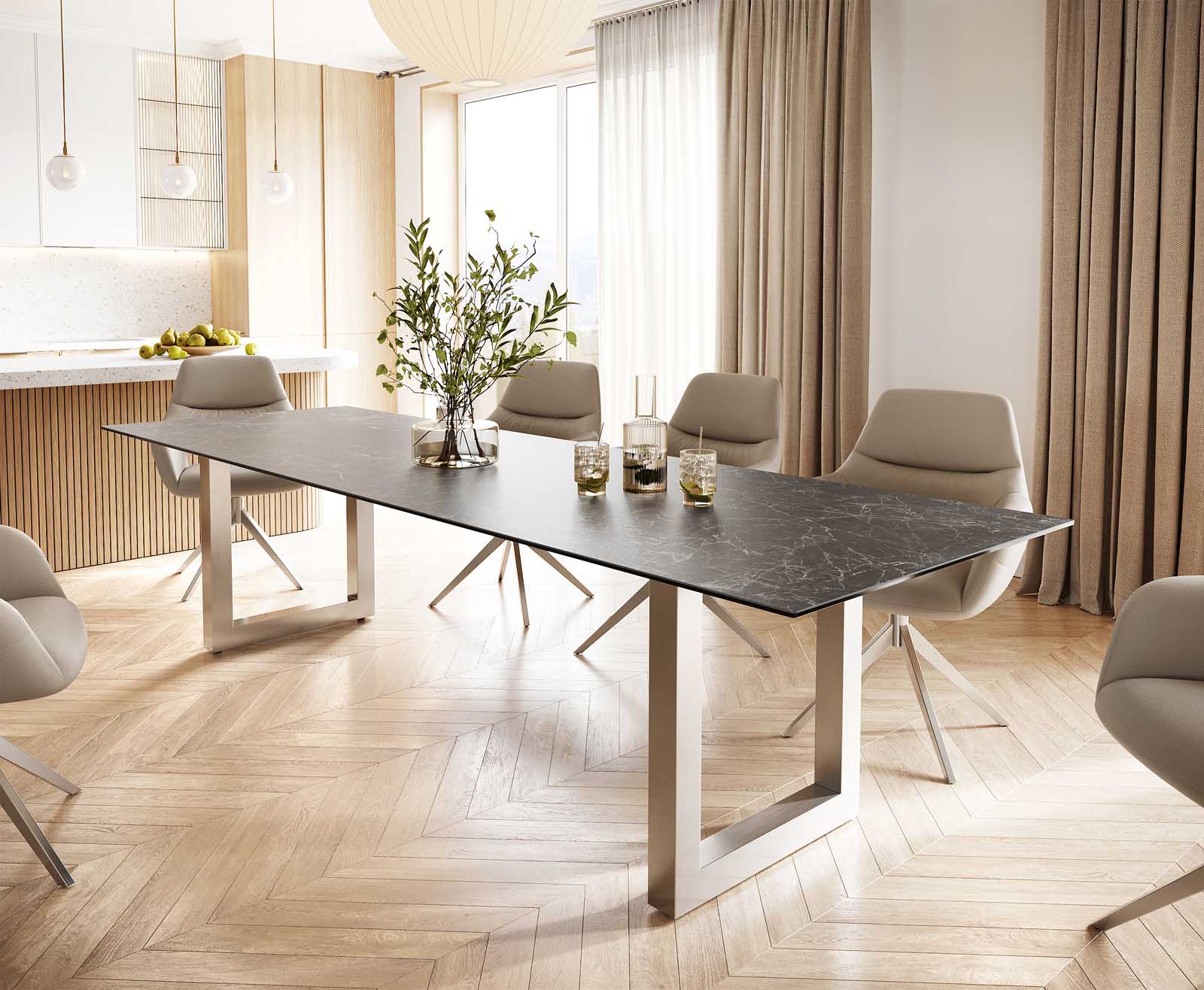 Eettafel Edge 300x100 keramiek Laminam® Nero Greco grijs roestvrij staal breed