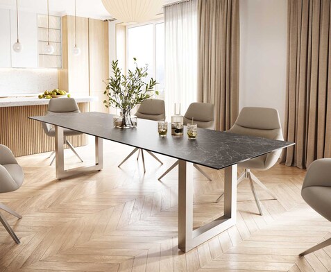 Eettafel Edge 300x100 keramiek Laminam® Nero Greco grijs roestvrij staal breed
