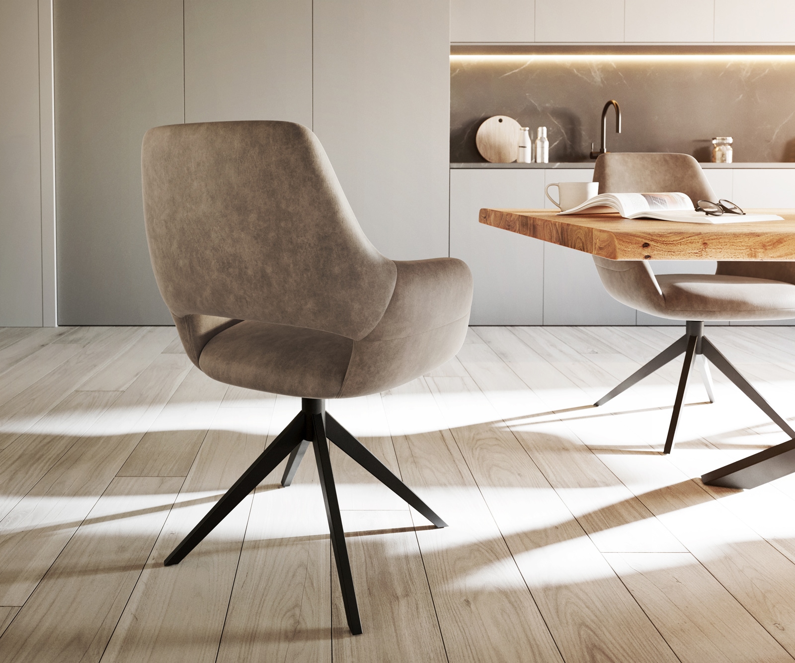 Eetkamerstoel Yago-Flex met armleuning microvelours taupe vintage kruisframe breed zwart pocketveer kern 4 Eetkamerstoel Yago-Flex met armleuning microvelours taupe vintage kruisframe breed zwart pocketveer kern 4