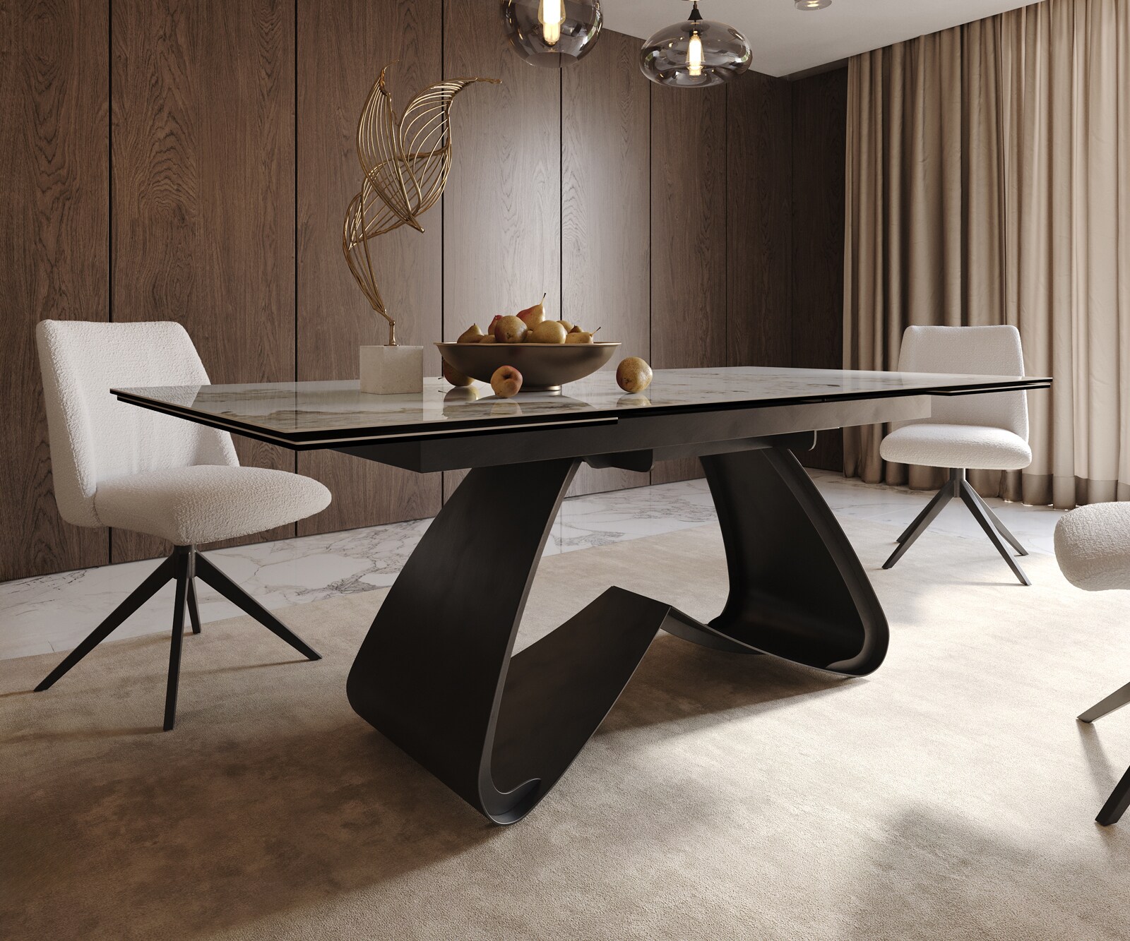 Eetkamertafel Edge 200-300x100 keramiek Minas Melange wit-beige W-frame zwart uitschuifbaar 6
