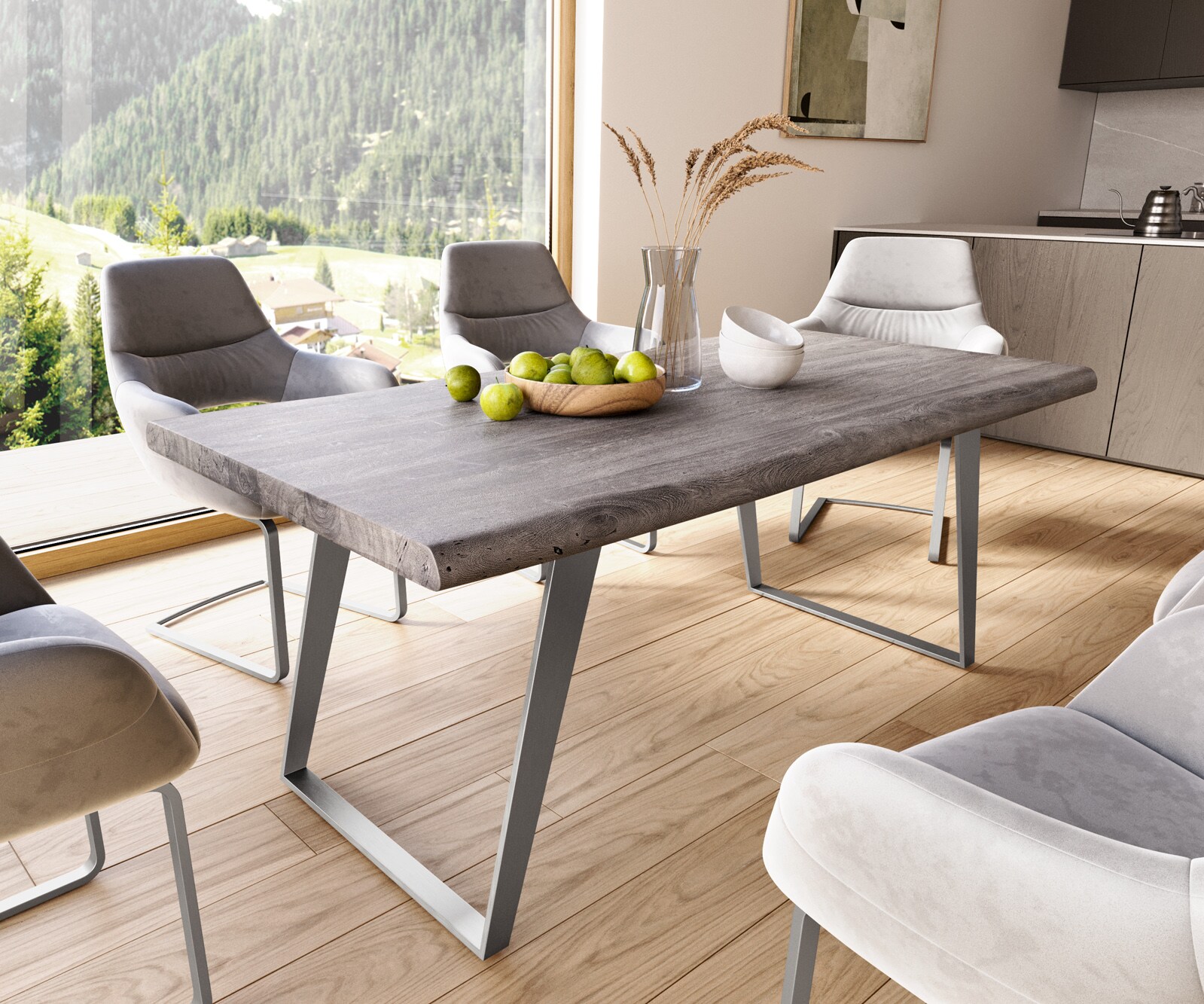 Eettafel Edge 180x90 XL acacia platina metaal schuin Live-Edge