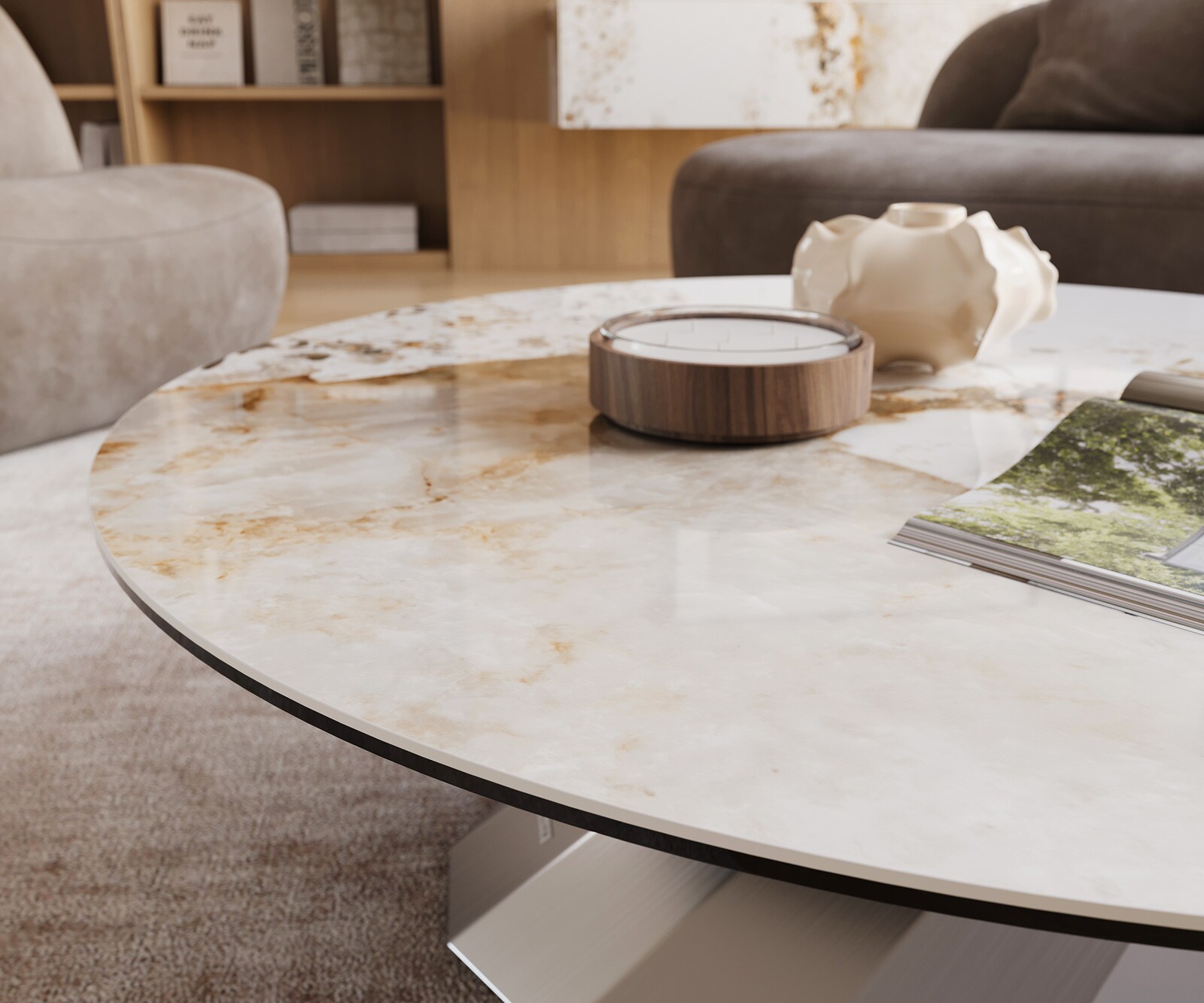 Salontafel Edge rond 100x100 cm keramiek Minas Melange Parabi geborsteld roestvrij staal 5