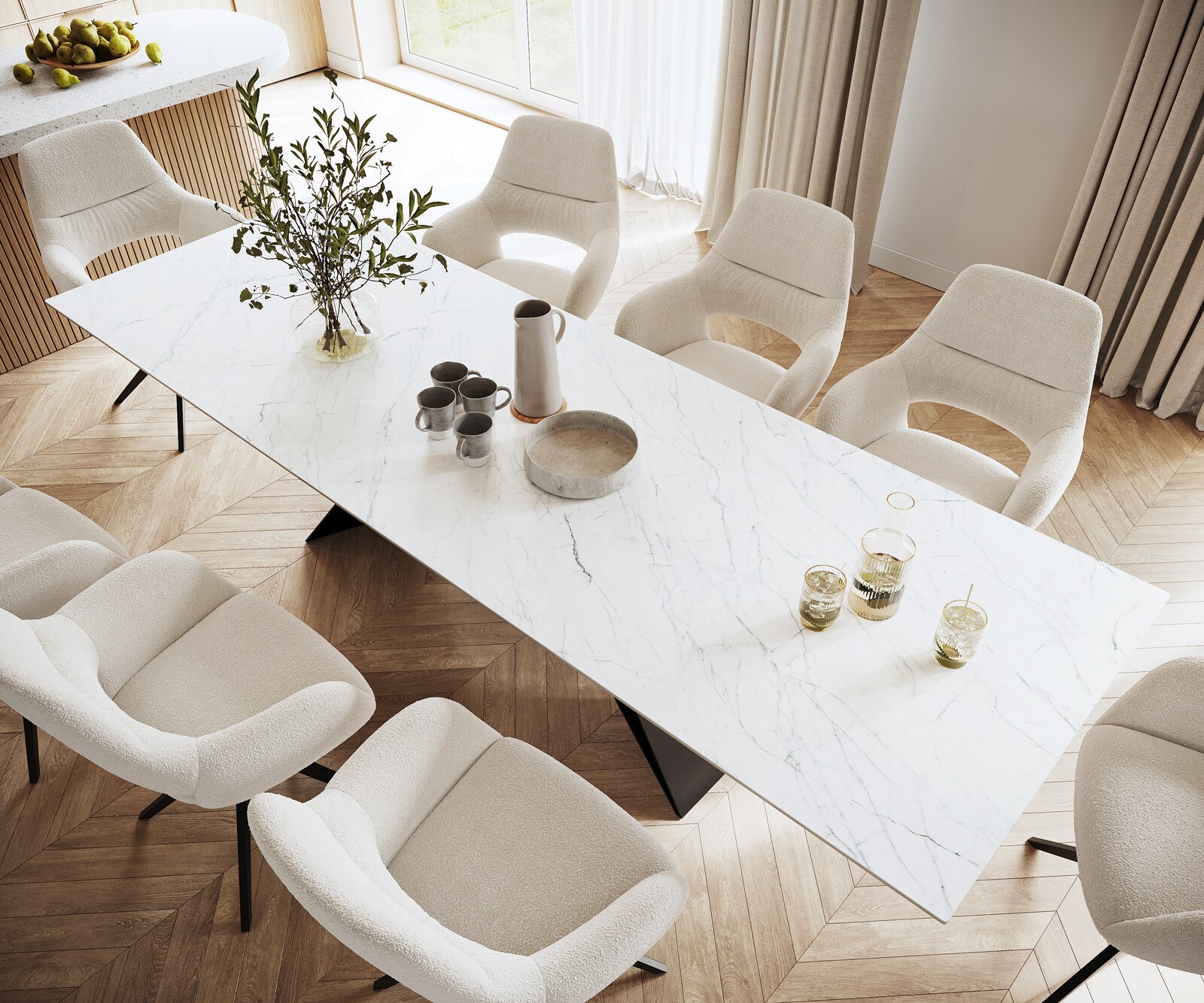 Eettafel Edge 300x100cm Laminam® keramiek wit V-middenpoot zwart 3