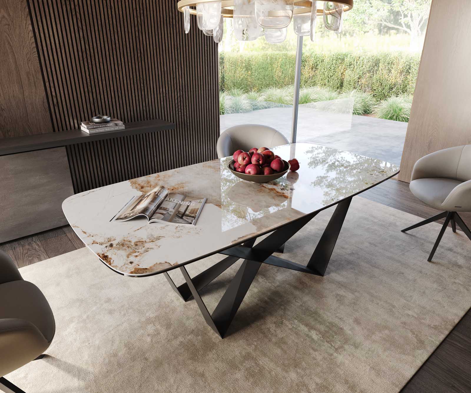 Eetkamertafel Edge Boot 200x100 keramiek Minas Melange wit-beige spider vlak staal zwart