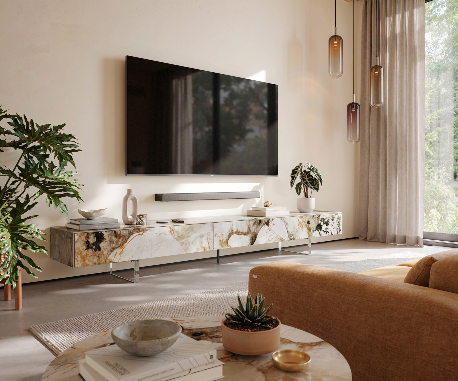 Tv-meubel Cuor 250 cm Keramiek Patagonia gepolijst 1 Flap 1 Laden Zwevende voet look Acrylglas 1