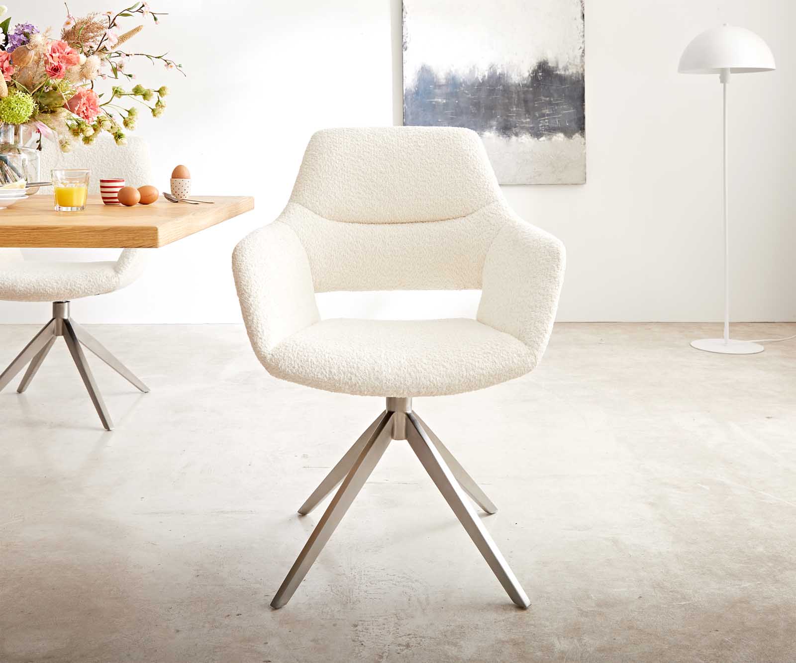 Draaistoel Yago-Flex XL met armleuning bouclé wit kruisframe breed roestvrij staal 360° draaibaar 1