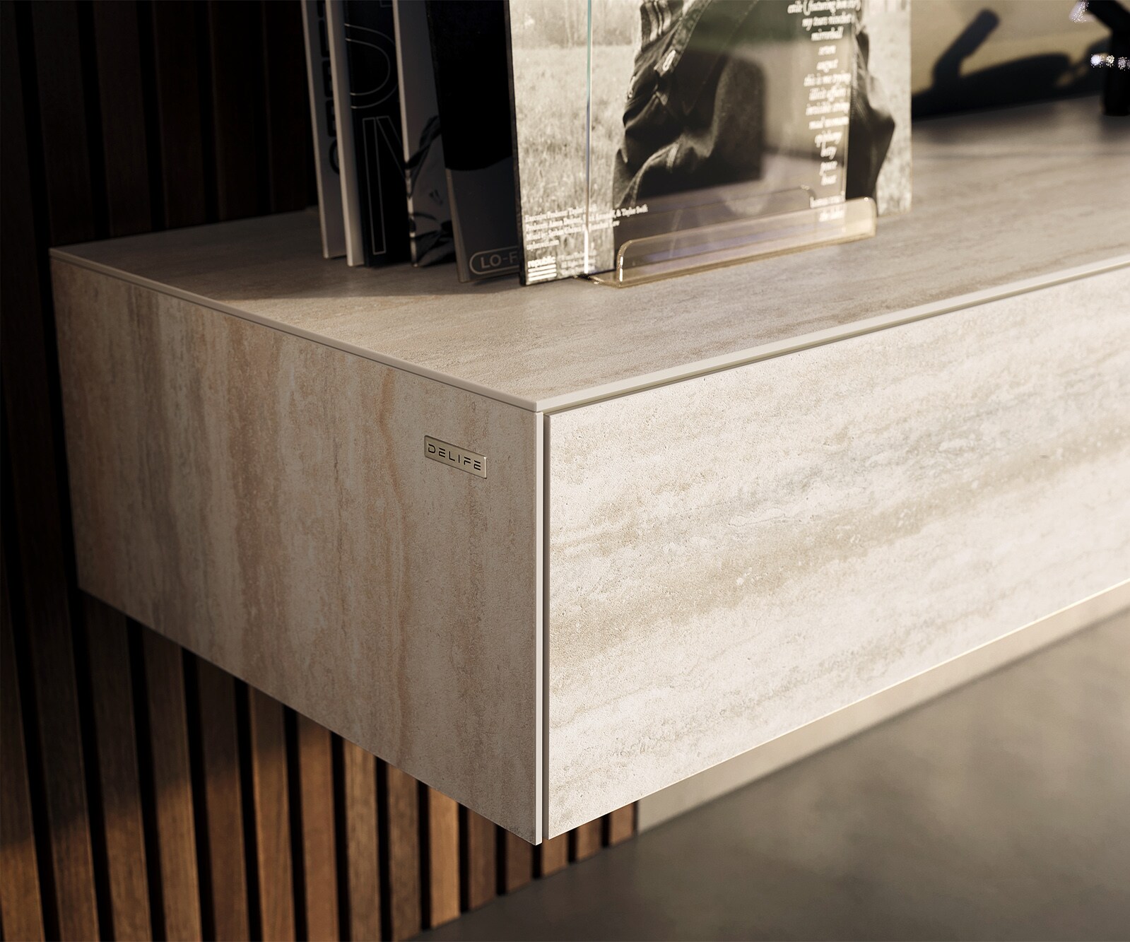 Tv-meubel Cuor 150 cm Keramiek Laminam® Travertino Bianco Crème-wit 1 Flap 1 Lade Zwevend 5