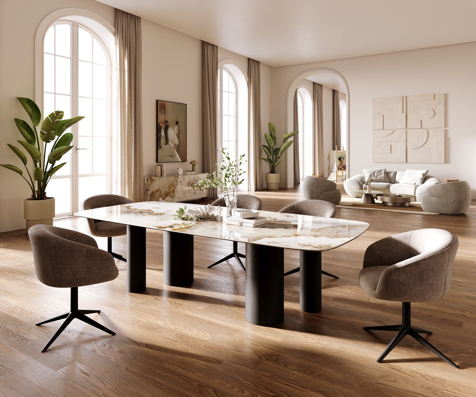 Eettafel Edge Boot 260x120 cm Keramiek Minas Melange Wit-Beige Pilier Metaal Zwart 6