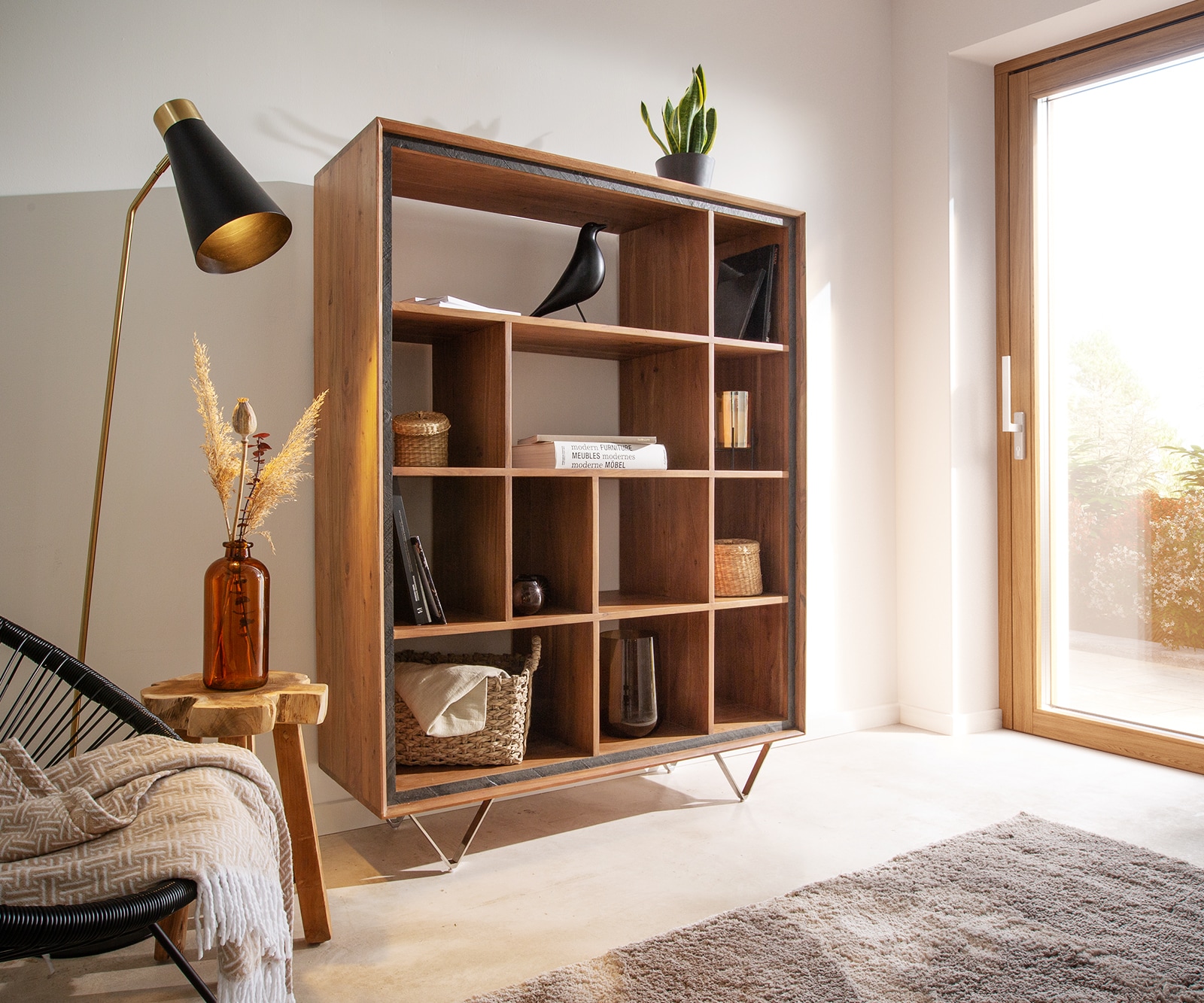 Boekenkast  Stonegrace 120x150 acacia natuur 12 vakken steen fineer V-poot Boekenkast  Stonegrace 120x150 acacia natuur 12 vakken steen fineer V-poot