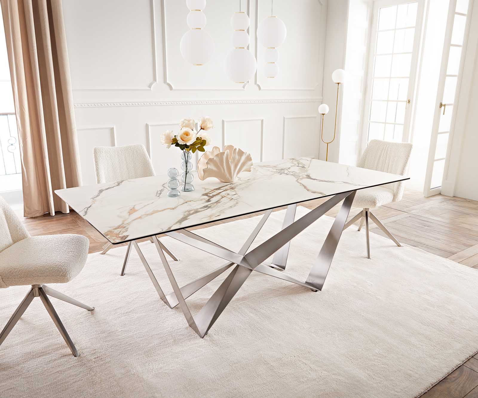 Eetkamertafel Edge 200x100 keramiek Calacatta Luxe wit-goud-grijs spider vlak staal RVS 1