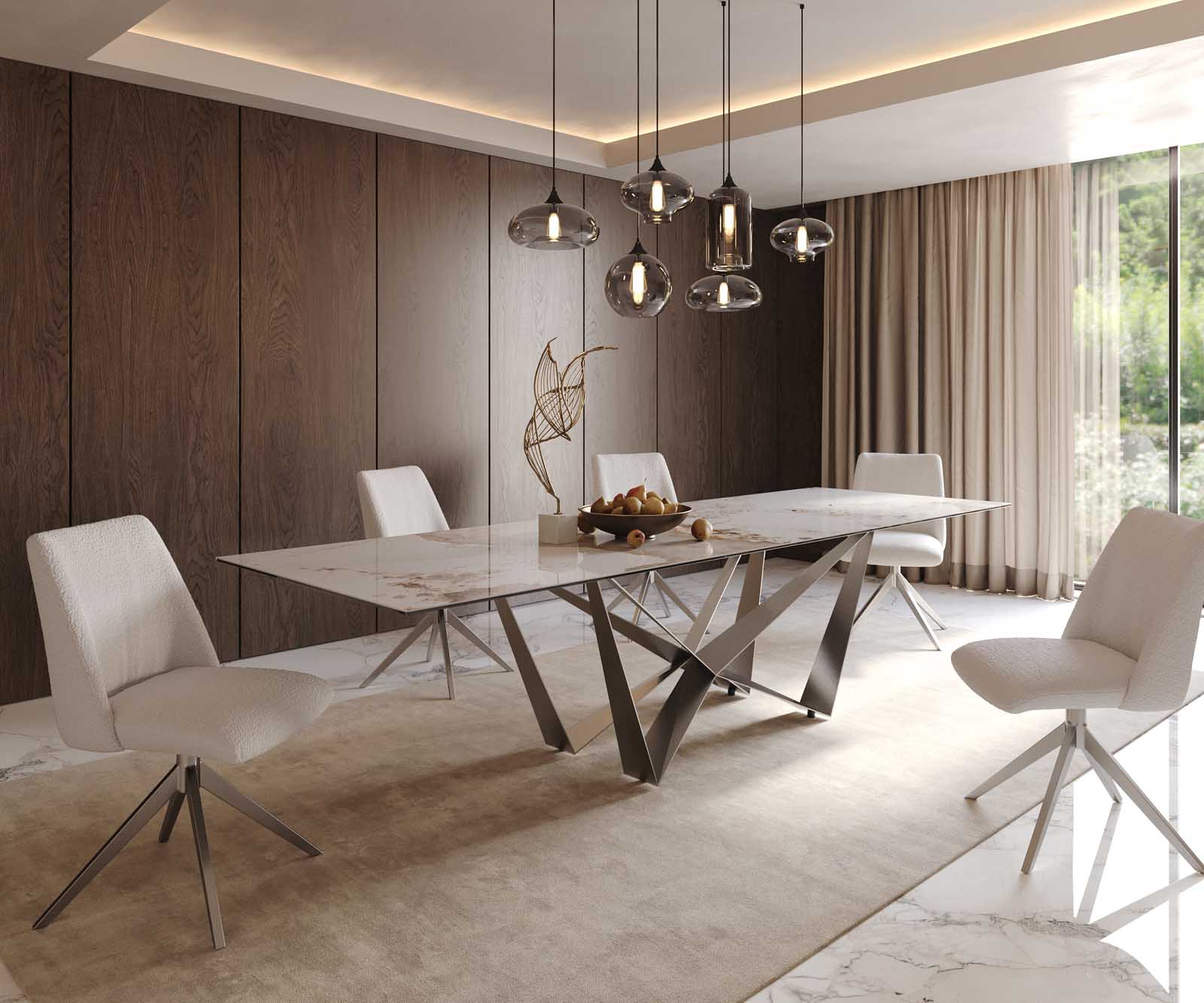 Eetkamertafel Edge 300x100 keramiek Minas Melange wit-beige spider vlak staal RVS 8