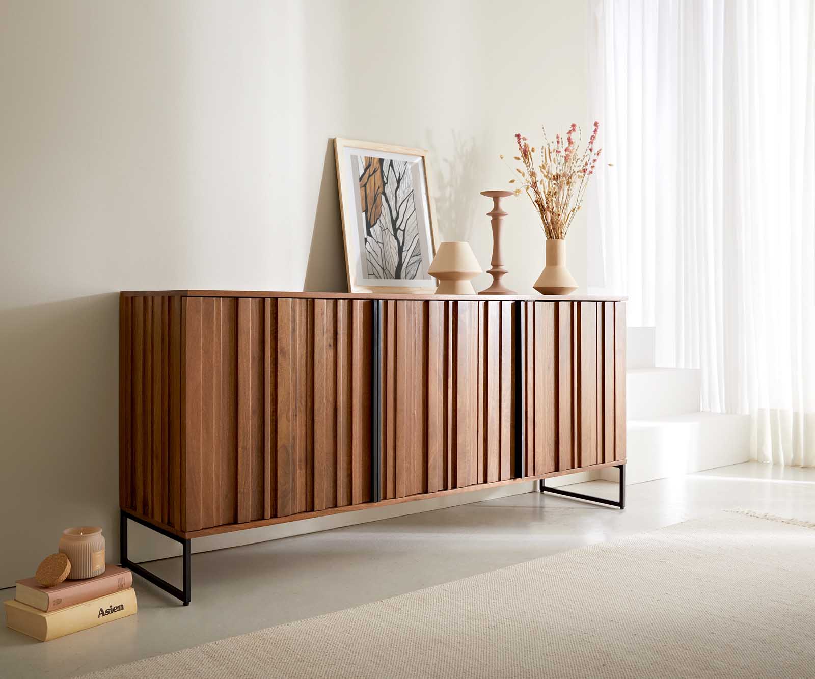 Dressoir Sivela 165 cm Mangobruin Metaal Zwart 3 deuren