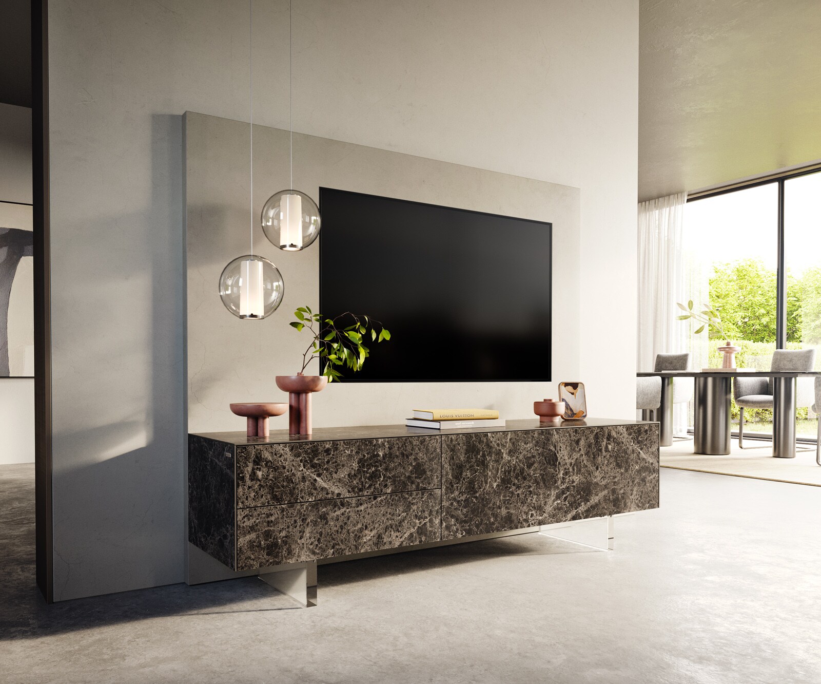 Tv-meubel Cuor 180 cm Keramiek Emperador Extra Lucidato Donkerbruin 1 Flap 2 Laden Zwevende voet look Acrylglas