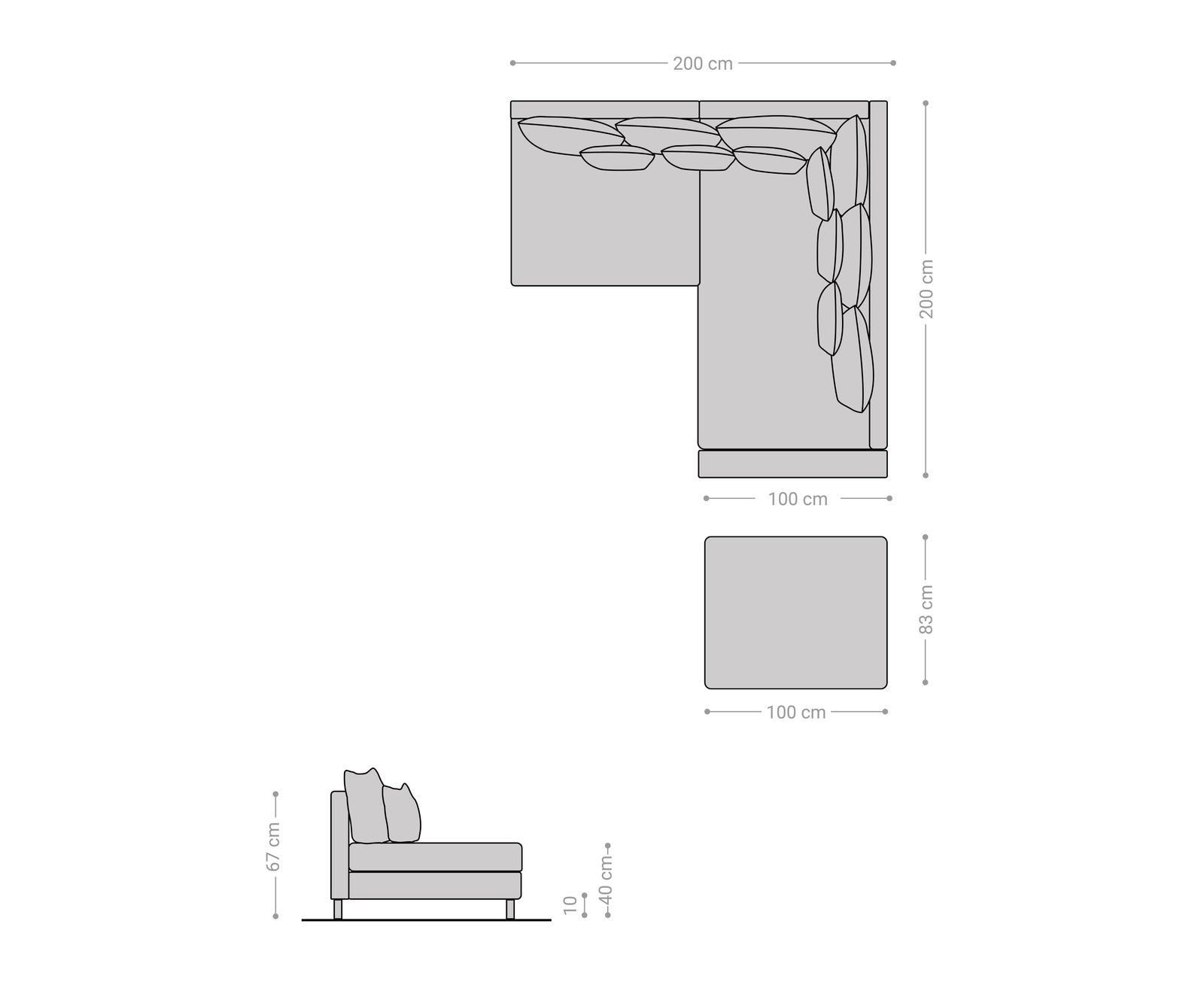 Hoekbank Clovis lichtgrijs structuurmateriaal hocker armleuning ottomane rechts modulair 6