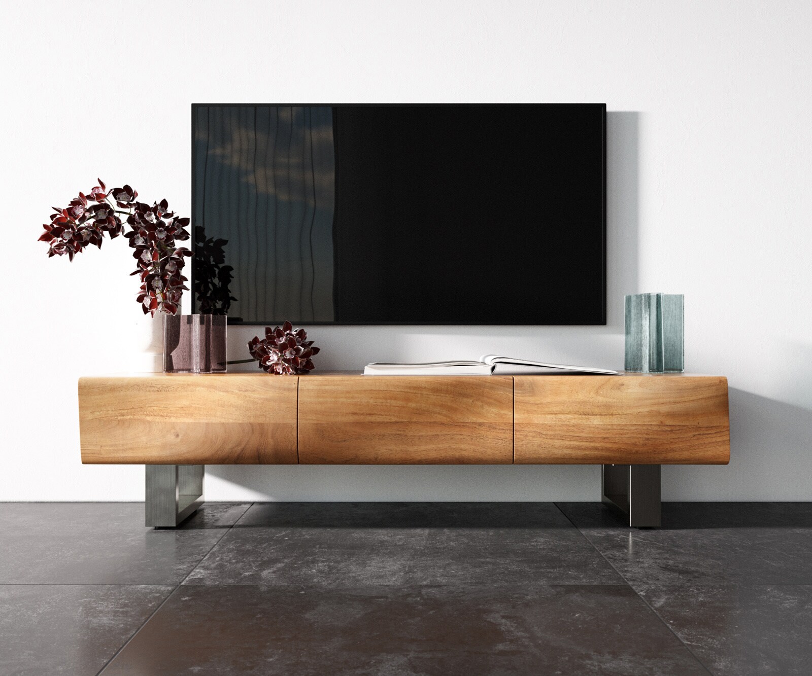 TV-meubel New Live-Edge 145 cm acacia natuur 3 deuren sledepoten roestvrij staal geborsteld 3