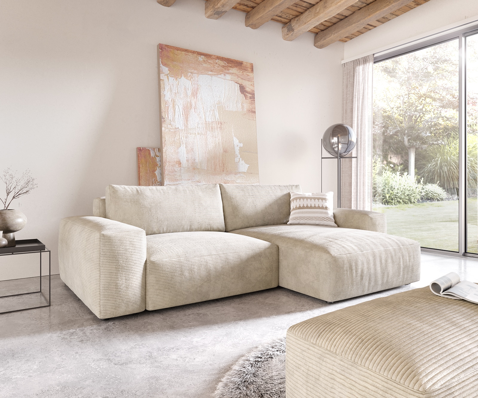 Hoekbank Lanzo XL 270x180 cm Cord Beige Recamiere variabel met poef Hoekbank Lanzo XL 270x180 cm Cord Beige Recamiere variabel met poef