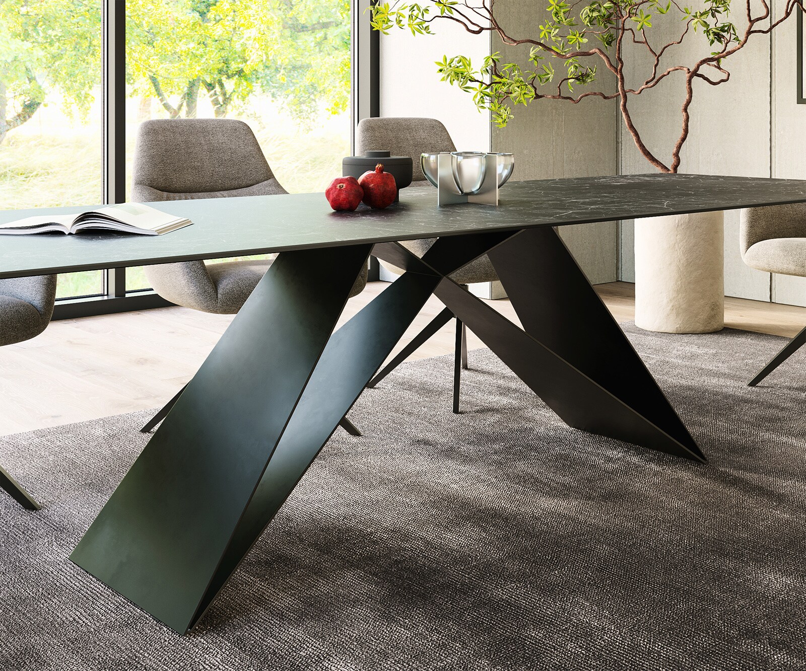 Eettafel Edge 300x100cm Laminam® keramiek grijs V-middenpoot zwart 6