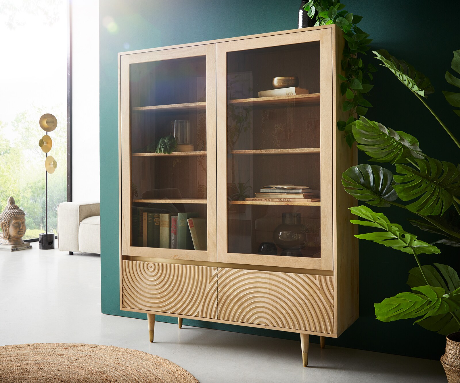 Vitrinekast Budaya 115x135 cm mango natuur 4 deuren poot rond
