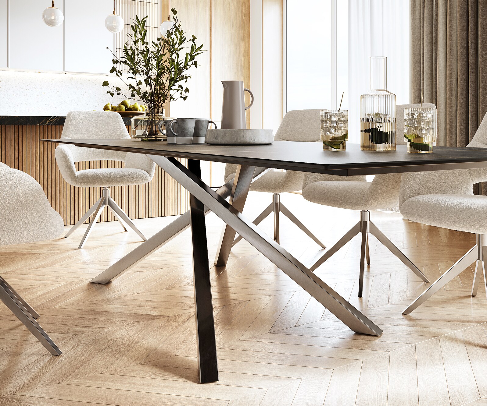 Eettafel Edge 300x100cm Laminam® keramiek bruin middenpoot kruis zilver 5