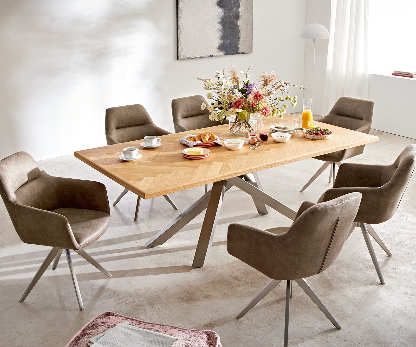 Eettafel Edge-Pure 200x100 eiken natuur Fishbone kruisframe rechthoek roestvrij staal 6
