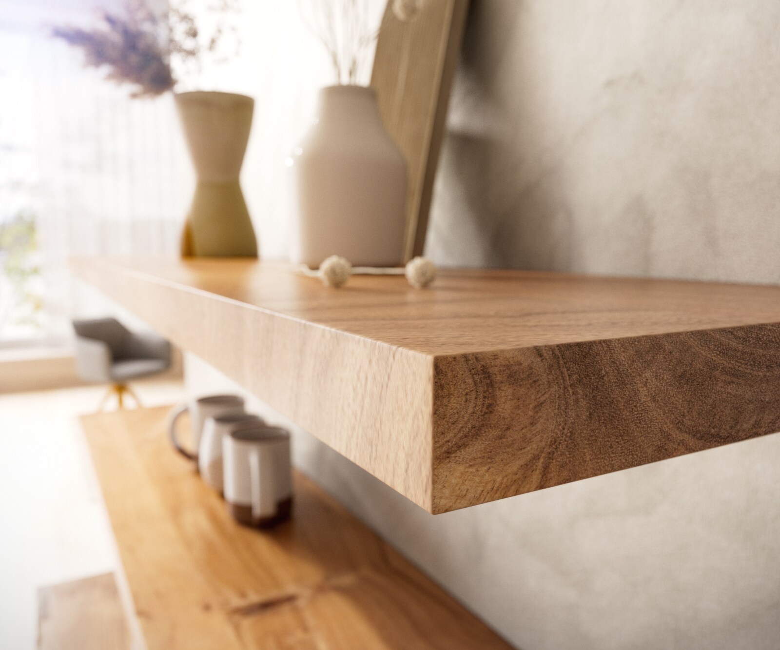 Wandrek 145 cm natuur acacia rechte rand massief 3