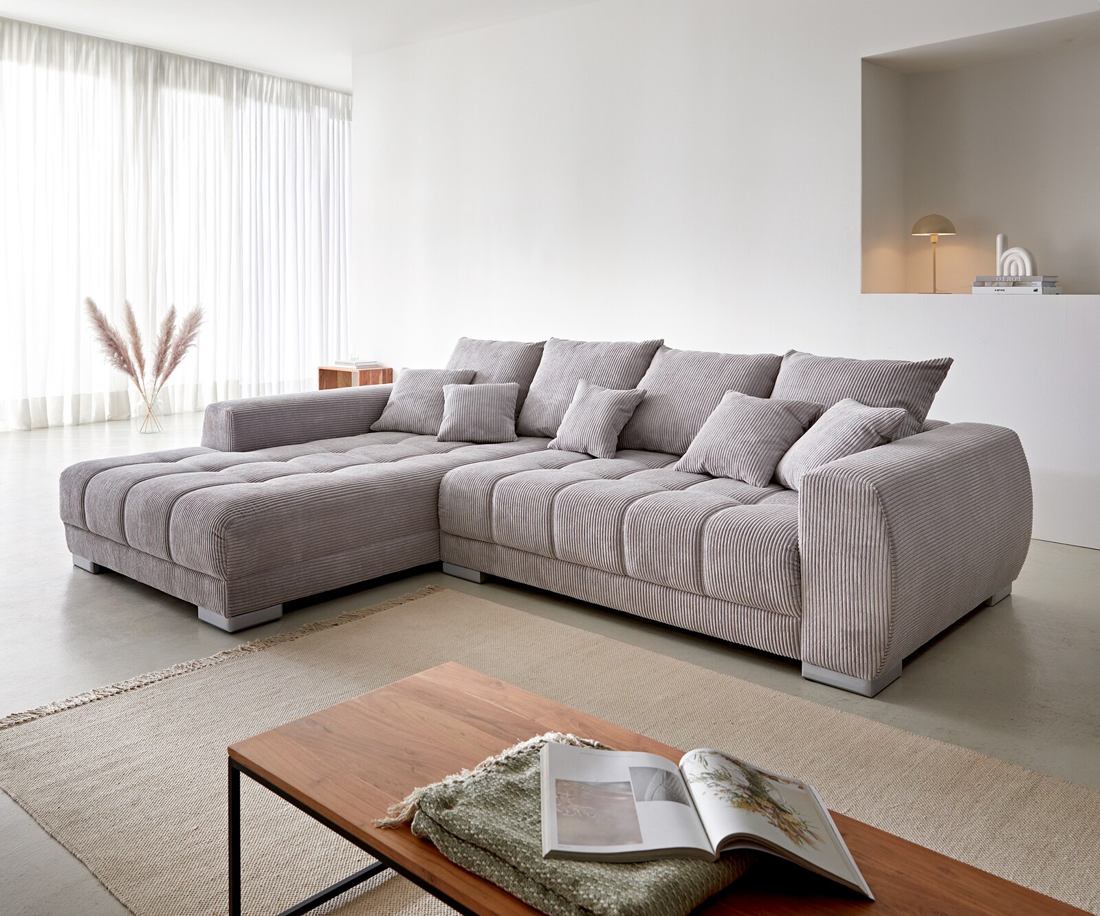 Bank Josea Cord zilvergrijs 300x220 cm voetenbank links hoekbank