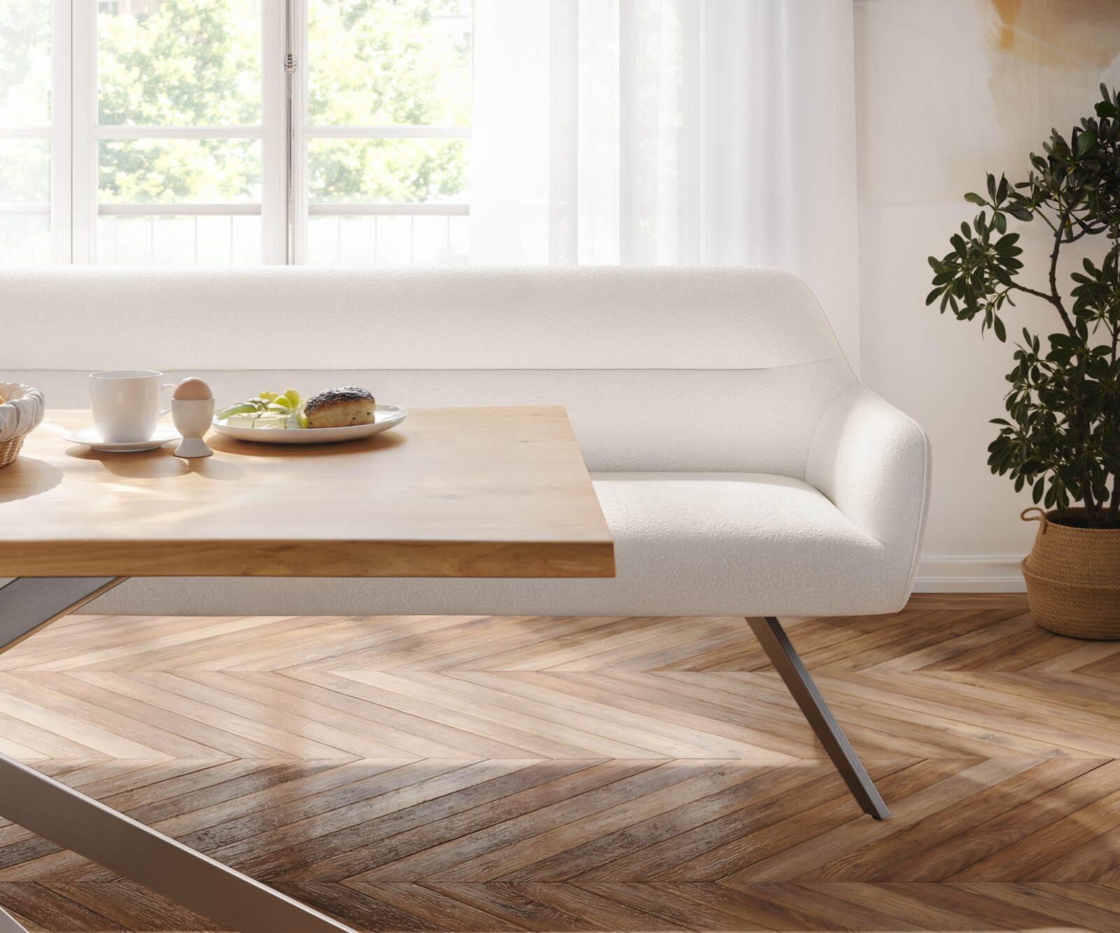 Eetkamerbank Taya-Flex 200 cm bouclé crème-wit hoekig kruisframe grafiet pocketvering 4