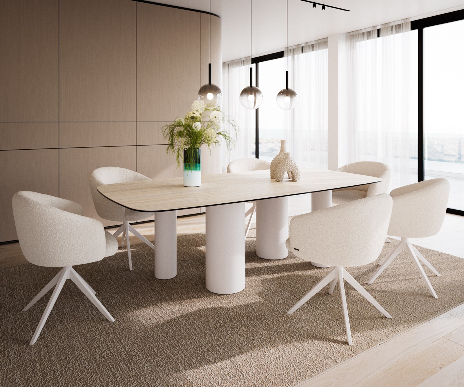 Eetkamertafel Edge Boot 240x120 keramiek Travertin natuurPilier metaal wit 5